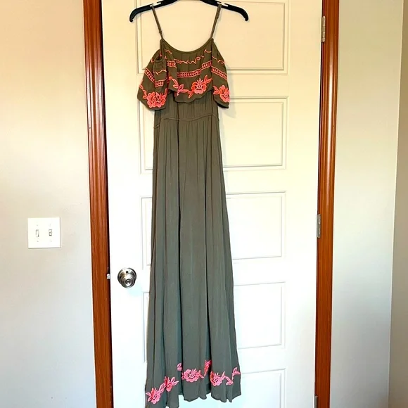 olive green off the shoulder maxi dress Baltic Born Womens Victoria Off Shoulder Maxi Dress | Dark Sage main image 0